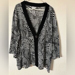 Chico’s Cardigan Women Black/White Linen Blend Paisley Print 3/4 Sleeve Size XL